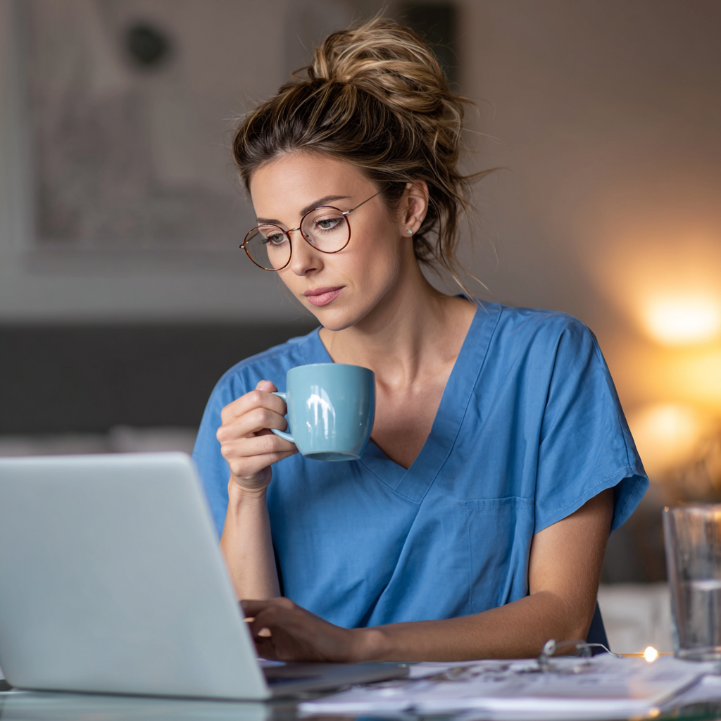A busy nurse in scrubs studies CEUs online at a modern home workspace, surrounded by notes, coffee, and family items, illuminated by warm evening lighting. The scene illustrates balancing professional education with home life, emphasizing convenience and empowerment for busy professionals learning online.